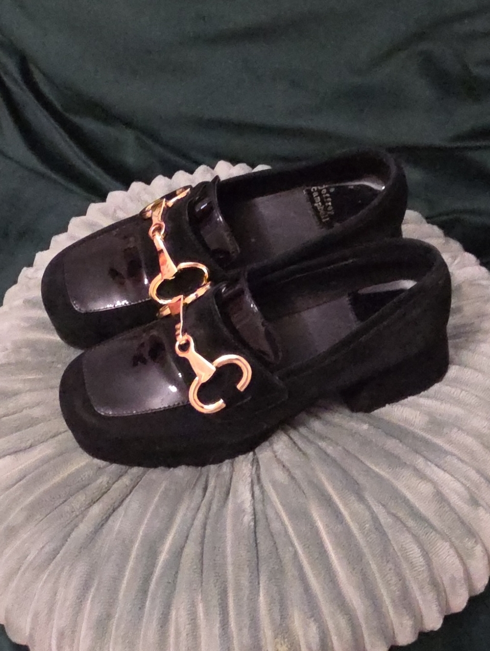 Jeffrey Campbell Black Patent and Suede Kids Loafers with Gold Bit